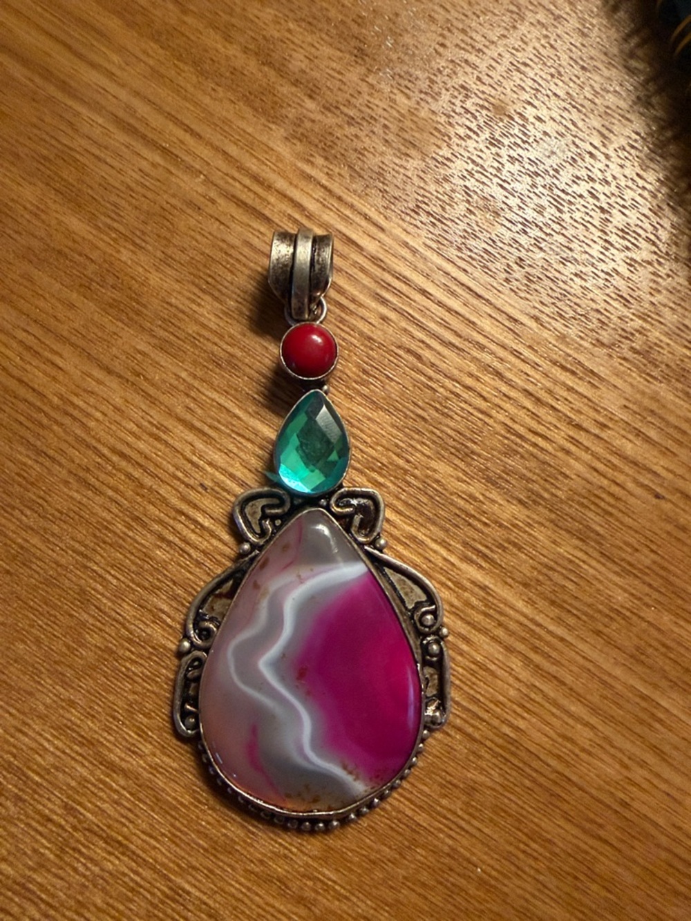 Handcrafted Pink Agate Teardrop Pendant with Green and Red Accent Stones